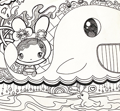 Day 002-365 Bunny Rides the Wave! bunny cute illustration ink kawaii nature whale