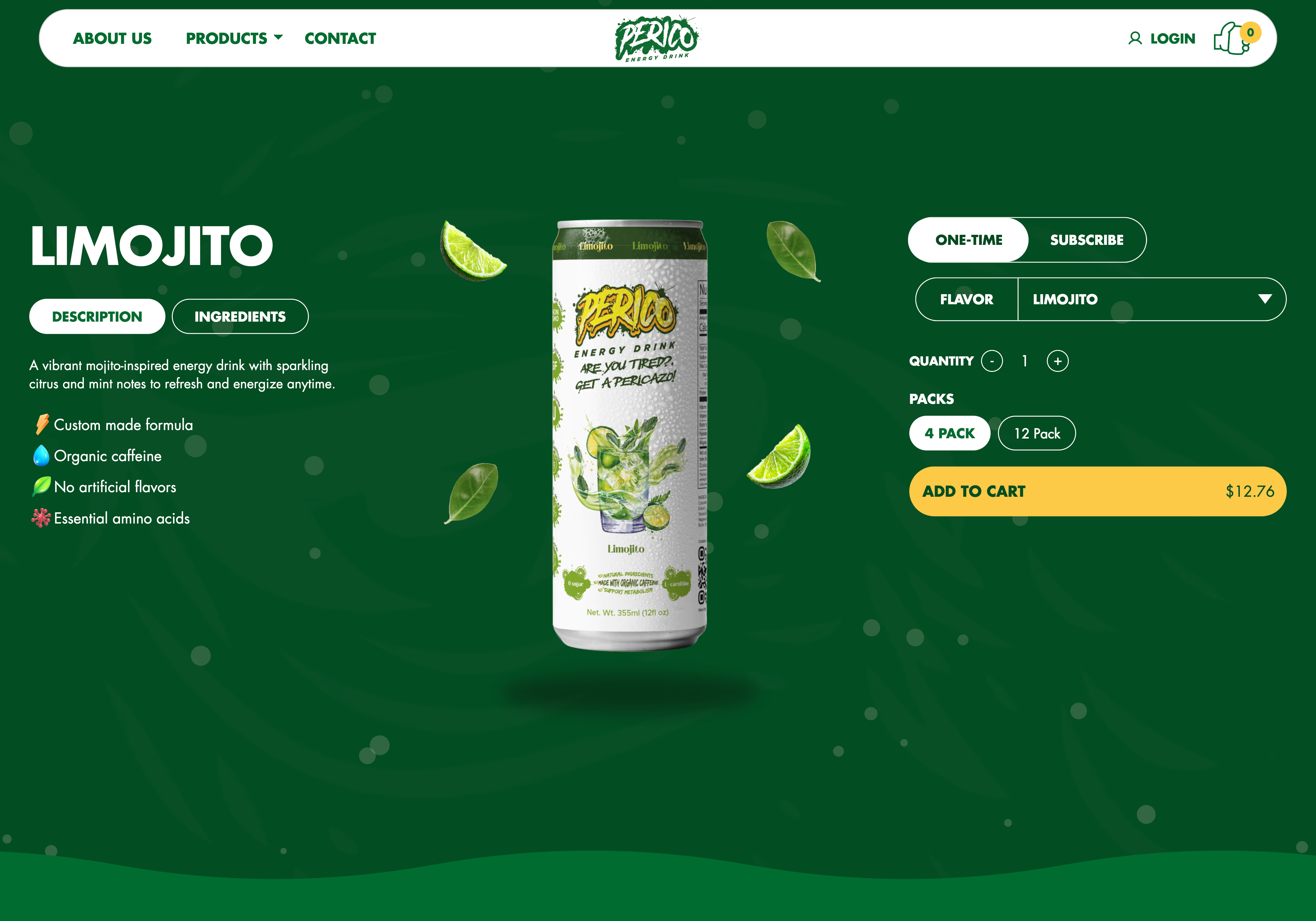 Perico Energy Product Page Animation 3d animated animation branding drink ecommerce food graphic design packaging ui web development webflow website