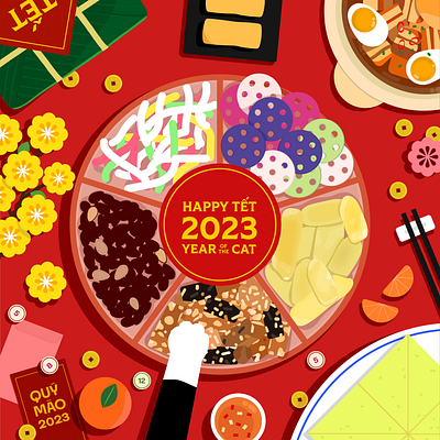 Lunar New Year 2023 - Year of the Cat Illustration candies cat illustration digital art digital illustration food illustration illustration lunar new year vector vietnamese art year of the cat
