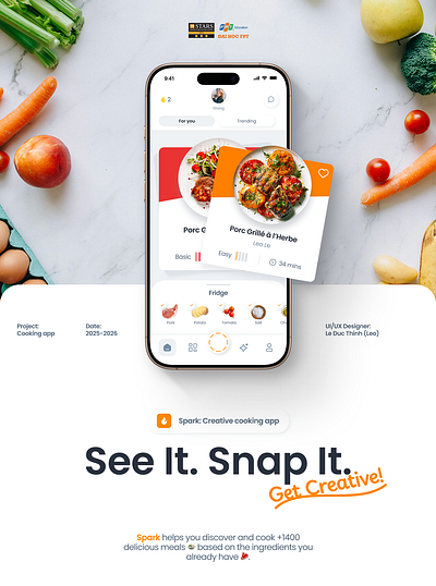 Spark-Creative Cooking app app app concept cooking app creative food graphic design ingredients interaction design ios iphone 16 kitchen app mobile app product design recipes smart cooking soft ui spark ui uiux user experience