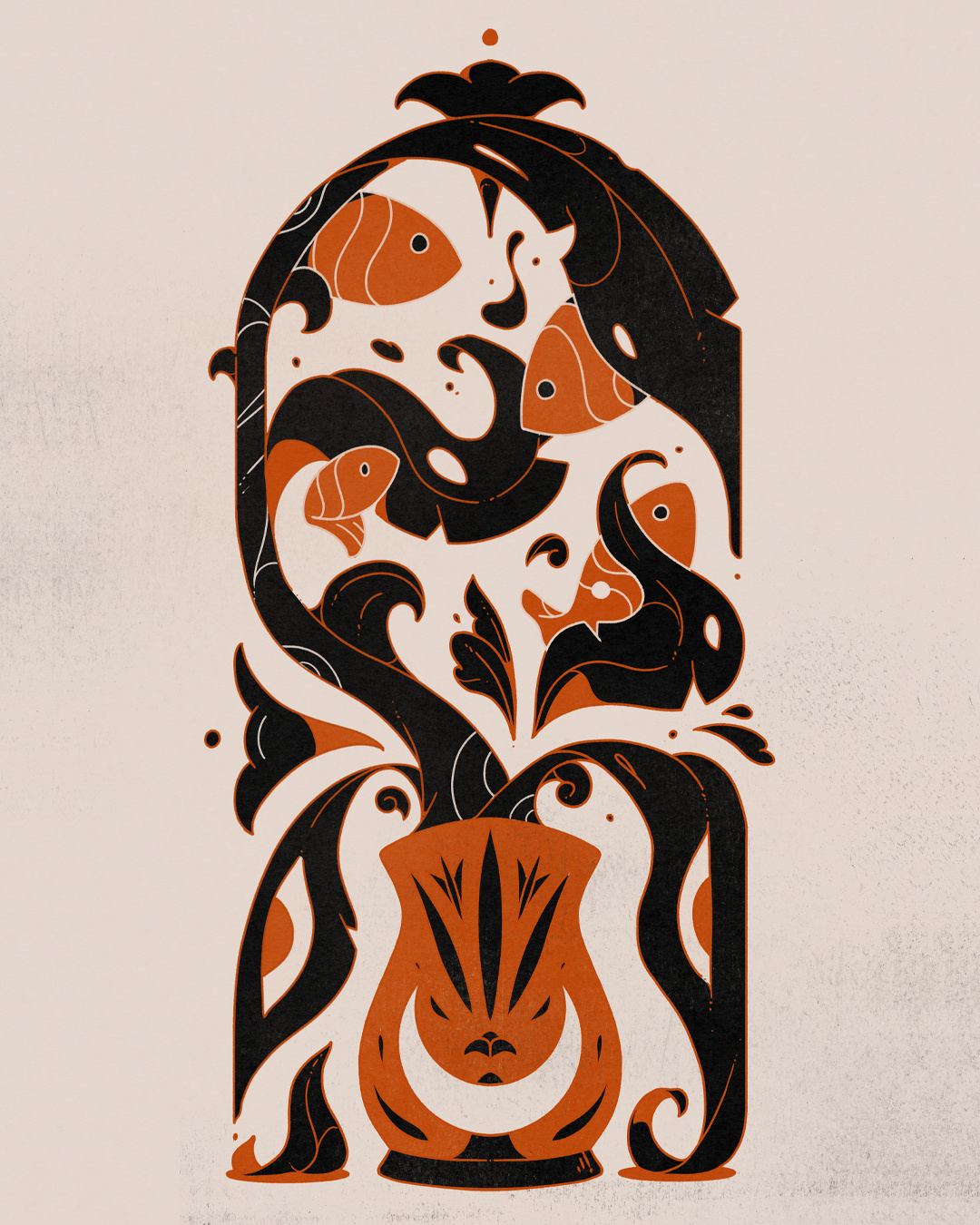 Drifting black design fishes flying illustration orange plants portal surreal vase
