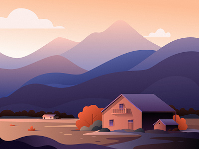 Magnificent architecture art direction blue cloud design digital art digital illustration draw grass illustration mountain natural scenery painting purple red sky tree vector illustration village warmth