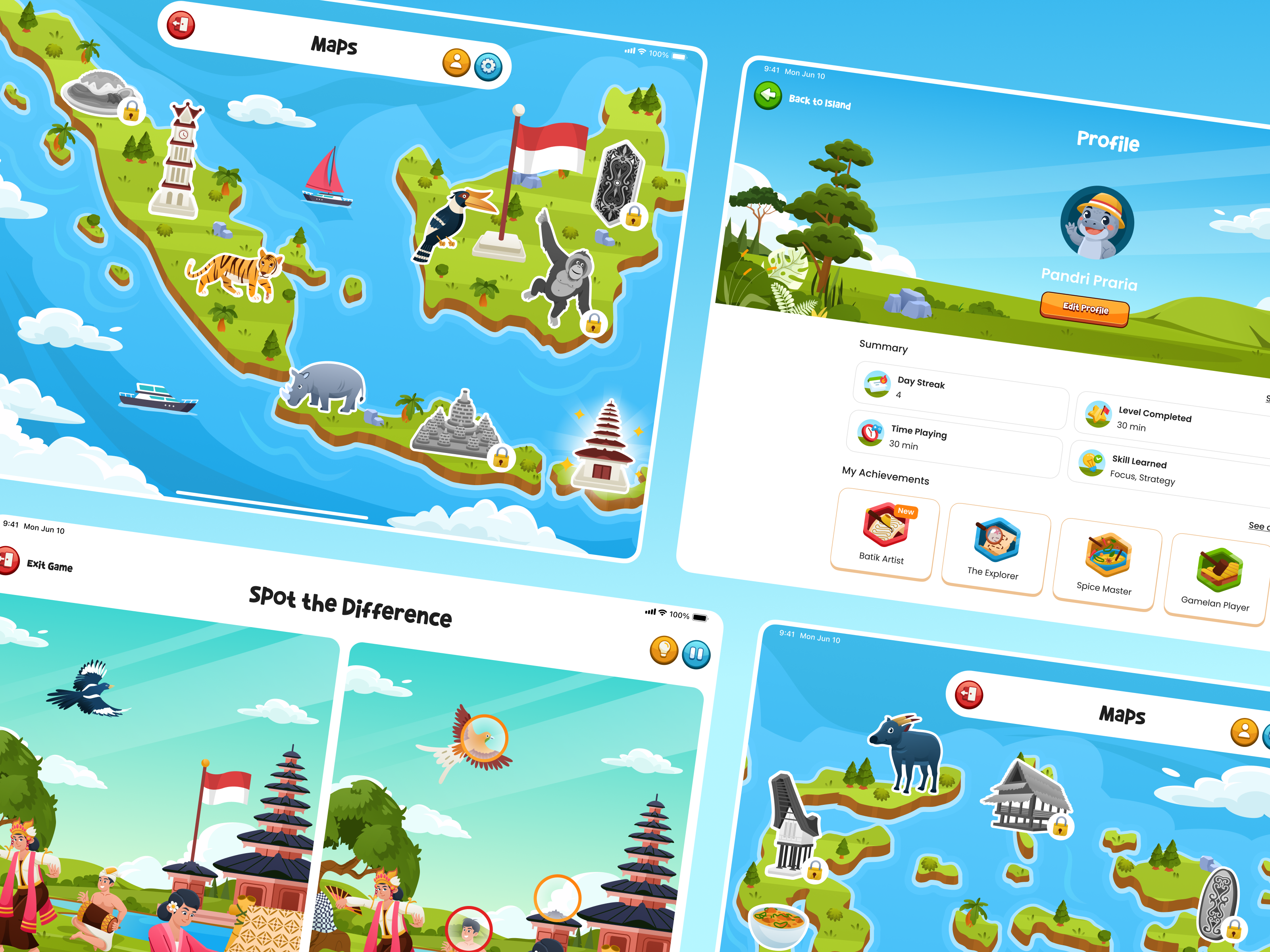 Nusantara Quest - Culture Learning iPad App 📚 animation app badges culture design education exploration game illustration independence indonesia ipad kids learning map mobile orely playful ui ux