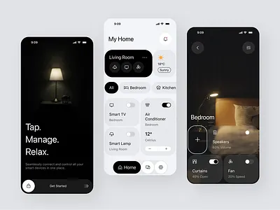 Smart Home Mobile App app design black concept home icons interior living room minimal mobile mobile app nav navigation smart home ui uiux ux white