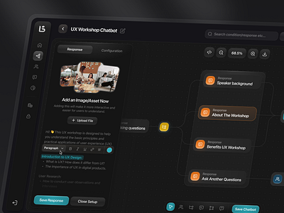 SaaS - Chatbot Workflow component connection dark dark mode dashboard dashboard app dashboard ui desktop flow flow builder flowchart gradient gradient dark node builder product design saas saas dark mode software web app workflow