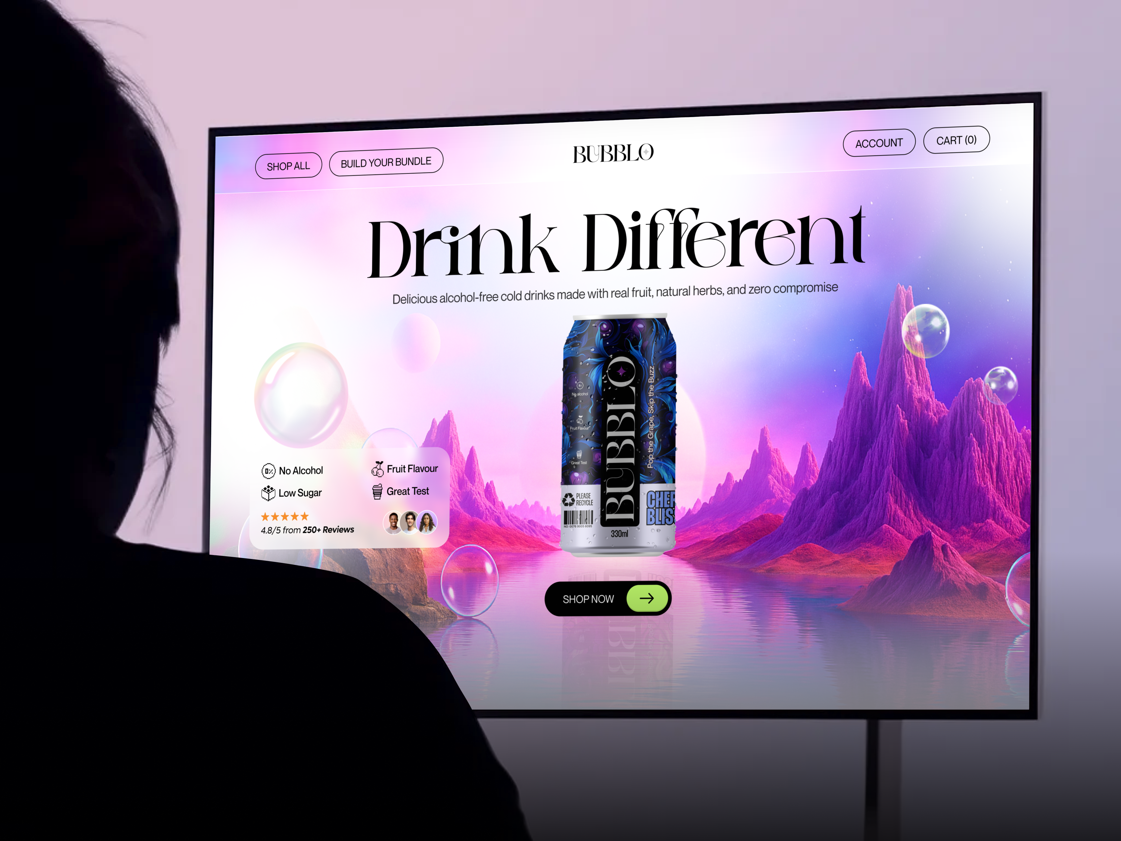 Bubblo-Product page for e-commerce website design beverage branding cans design drinks ecommerce interaction landing page logo minimal product product page ui uiux ux vv web webflow website website design