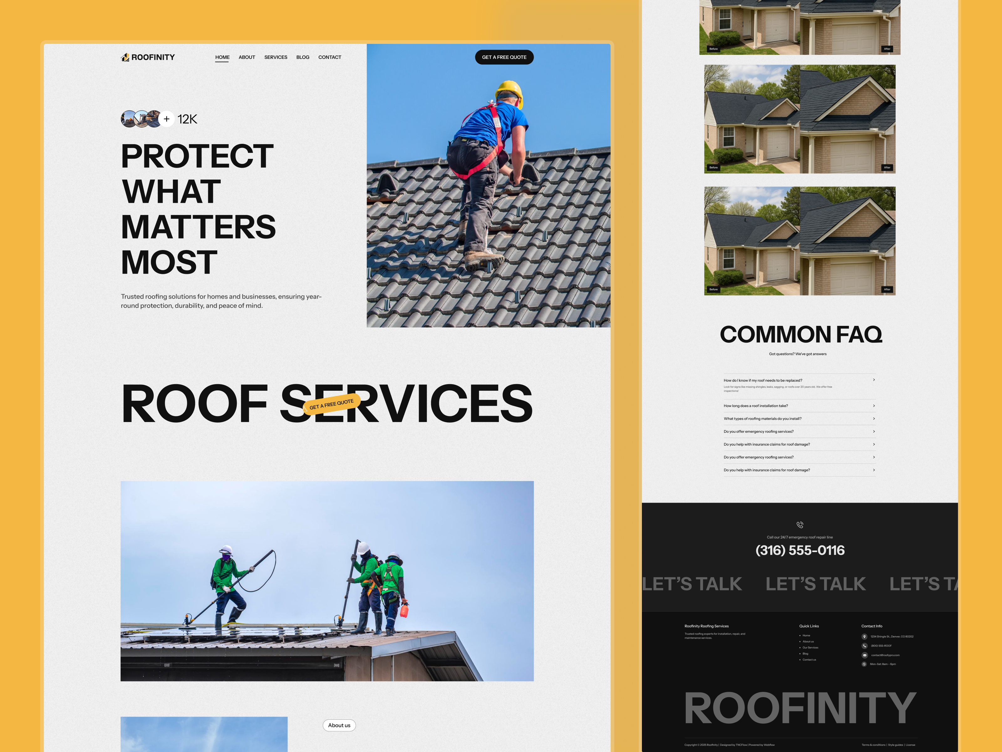 Home & Roof Services Website Design -Roofinity agencies business website handymen home conostraction home services website home services website template plumbing professional service property management roof installation roof repair templates ui webflow template