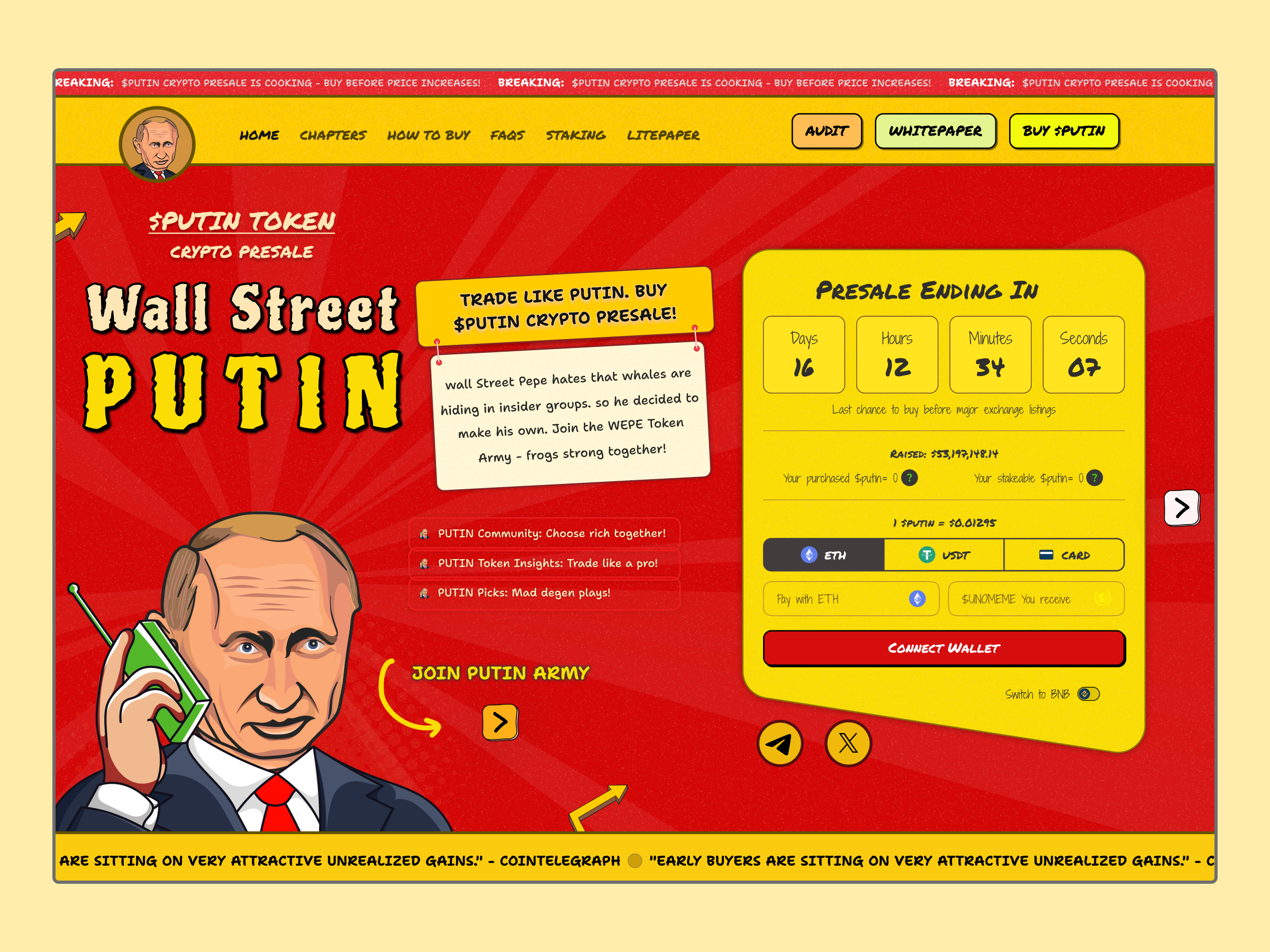 Pre-Sale Meme Landing page meme meme coin meme presale memecoin presale putin token wall street putin