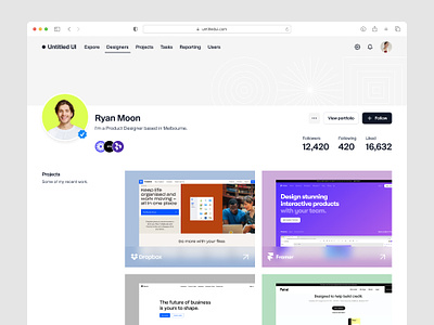Designer portfolio profile — Untitled UI behance dribbble member profile minimal minimalism personal site portfolio product design profile ui design user interface user profile ux design web design