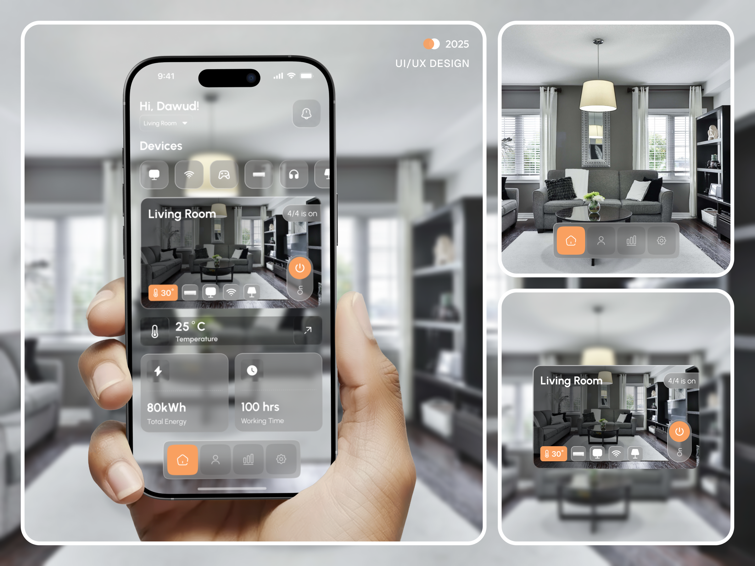 Smart Home App – Living Room Dashboard air app dashboard energy tracking home home automation mobile mobile app smart devices smart home smart living technology temperature control ui design ux design