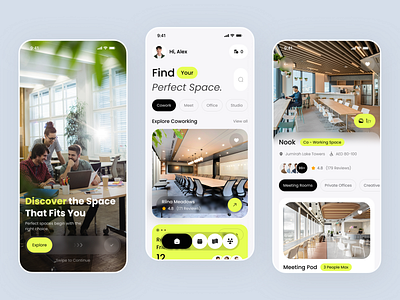 Co-working Space Finder App booking clean concept coworking coworking space design trend finder mobile mobile app rental app reservation reserve space finder user interface workspace