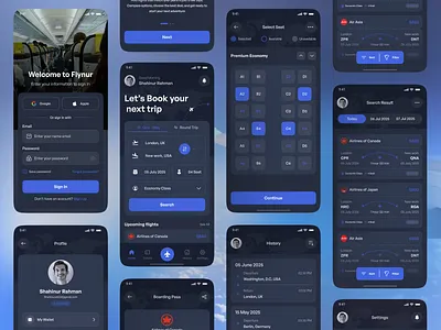 Flight Booking Mobile App Design airport boarding booking booking app flight flight app flight search flynur mobile app online booking popular design public transport schedule shahinurstk02 tickets ui kit ui8 uiux design