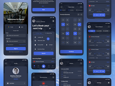 Flight Booking Mobile App Design airport boarding booking booking app flight flight app flight search flynur mobile app online booking popular design public transport schedule shahinurstk02 tickets ui kit ui8 uiux design
