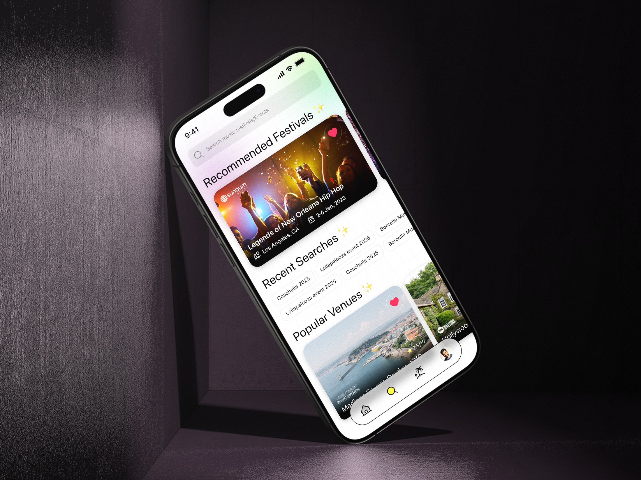 Discover Screen UI – Light Mode Explorations animation booking booking app discover ui event app festival app glassphormism hero section home screen ui illustrator landing page navigation design search result ui search ui section design slider ui typography ui ui design venue ui