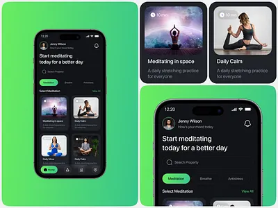 Wellness Meditation Mobile App UI/UX Design calm app dark mode design health app design meditation app mindfulness ui mobile app design mood tracker relaxation app saas stress relief app uiux design wellness app