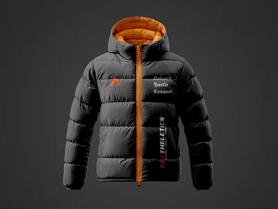 Puffer Jacket Mockup aesthletics black cloth commerce design dressing ecom graphic design jacket lighting mockup orange photoshop premium printing product puffer jacket quality wear website