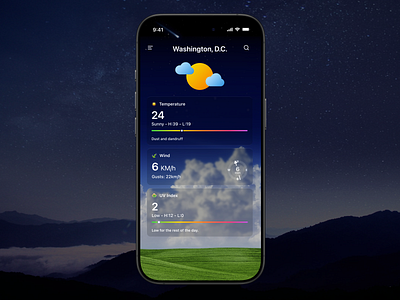 Weather App Design android app app design cloud cloudy dark mode dark ui glass glass card illustration ios app mobile ui sun sunny ui ux weather weather app design weather forecast weather icon