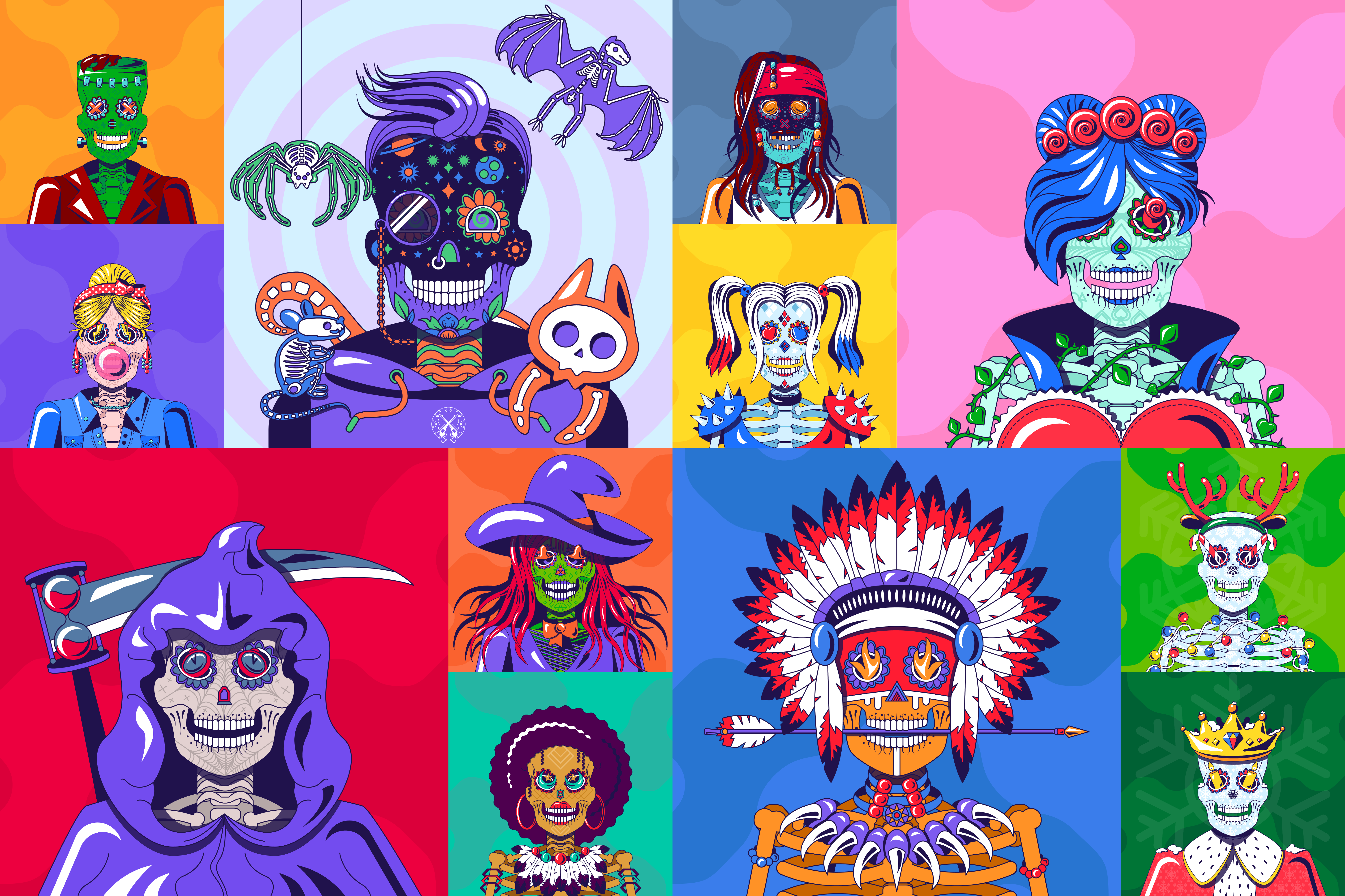 Fugitives NFT Collection (Hedera) art artwork branding cartoon character cliart clipart creative death design happy illustration nft playful print retro set skeleton vector vintage