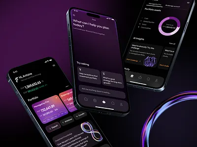 FinTech Mobile App Design app banking chatbot dark fintech funding gradient graph investment mob mobile neon portfolio purple