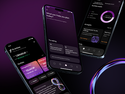 FinTech Mobile App Design app banking chatbot dark fintech funding gradient graph investment mob mobile neon portfolio purple