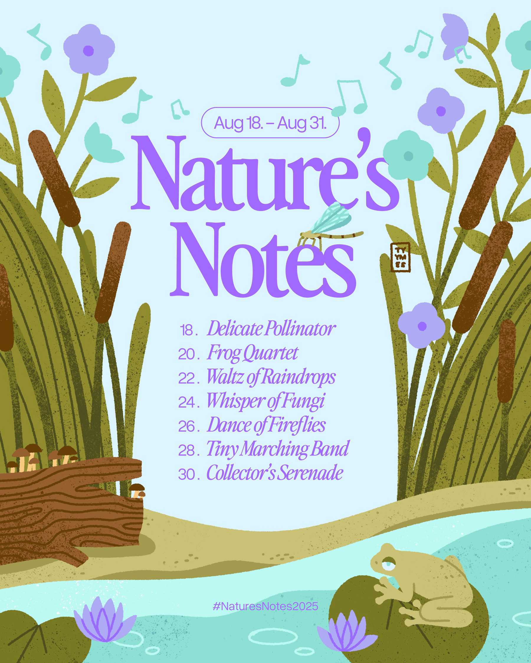 Nature's Notes | Art challenge art artchallenge beautiful challenge design digital frog illustration lake lillypad minimal mushroom music nature naturesnotes naturesnotes2025 procreate prompt simple