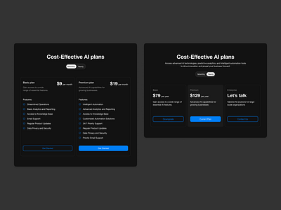 Dark Pricing - Responsive Tablet ai ai plans auto layout bento cost effective dark mode landing page options plans pricing pricing plans pricing section responsive responsive tablet tablet ui ui kit ux web