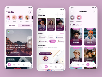 Friendzy Social App UI Design appdesign appui designinspiration digitalconnection friendzy interactiondesign matchmakingui mobileapp moderndesign socialapp socialnetworking uiux userexperience userinterface uxdesign