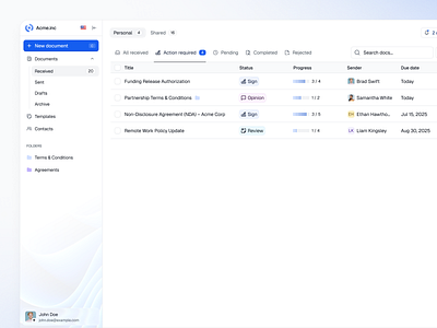 Documents [e-sign] clean documents e sign electronic signature folders list progress bar saas sidebar table tabs tags ui ux