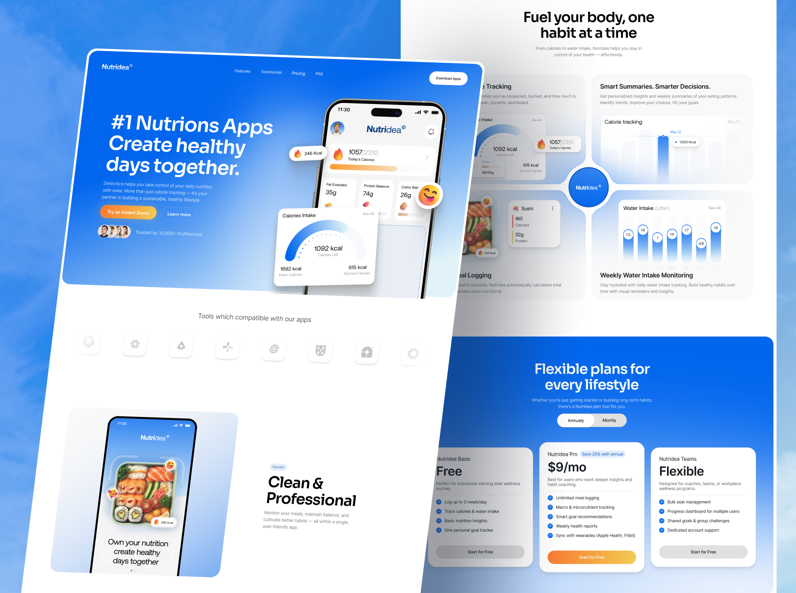 Nutridea - AI Nutrition Plan Landing Page calories food planner food track healtchare landing page meal plan medical nutrition planner product design tracking app ui uiux web app website