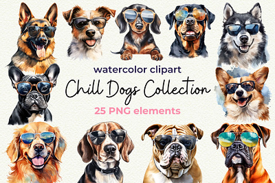Cool Dog Breeds Clipart adorable animal chill clip art clipart cool cute cute dog clipart dog dog breeds dog breeds clipart dog mom hipster illustration pet sublimation design summer sunglasses watercolor clipart