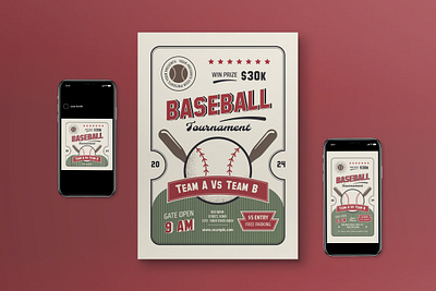 Green Retro Baseball Tournament Flyer Set baseball baseball flyer baseball tournament graphicook green retro retro style sport tournament