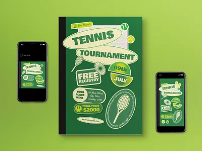 Green Retro Tennis Tournament Flyer Set graphicook green retro retro style sport tennis tennis tournament tournament