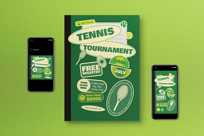 Green Retro Tennis Tournament Flyer Set graphicook green retro retro style sport tennis tennis tournament tournament