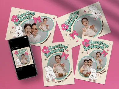 Pink Cartoon Retro Easter Egg Hunt Greeting Card Photobooth blue easter easter egg hunt egg hunt flat design instagram post