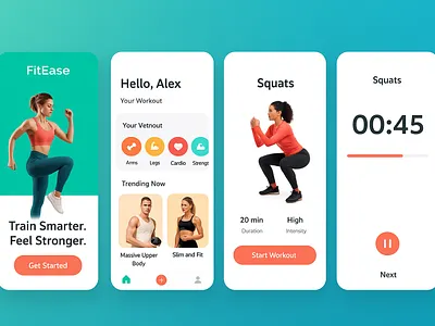 FitEase – Fitness App UI app appdesign cleanui design figma fitnessapp graphic design healthapp illustrator mobileapp mobiledesign mobileui trainingapp ui uiux ux webdesign workoutapp workoutui