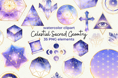 Celestial Sacred Geometry Clipart all seeing eye celestial clipart cosmic dodecahedron fibonacci spiral flower of life galaxy icosahedron illustration merkaba metatrons cube moon mystical png sacred sacred geometry spiritual symbols tetrahedron