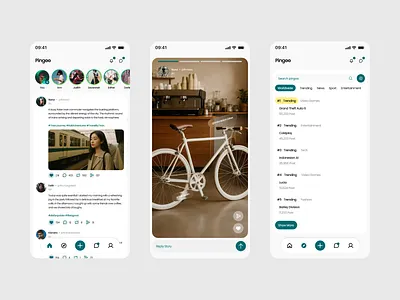 Pingoo – Social Media App Exploration 🐧 app blue branding design discover exploration feed illustration light logo mobile pages social media stories timeline trending ui ux white