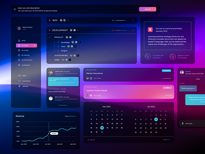 HRM Dashboard - Darktheme calendar card clean daily 100 challenge daily ui dark darkmode darktheme daskboard design gradient menu product design ui ux ui component ui element web design