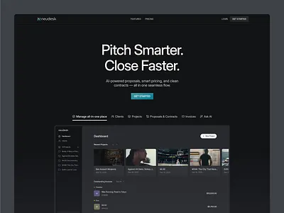 AI-powered business manager clean contracts dark ui flat hero section minimal pitch deck pricing product site proposal tool shadcn shadcnui tailwind web app