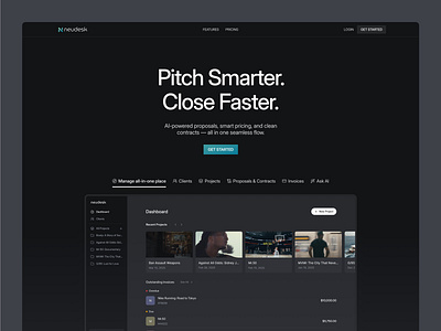 AI-powered business manager clean contracts dark ui flat hero section minimal pitch deck pricing product site proposal tool shadcn shadcnui tailwind web app