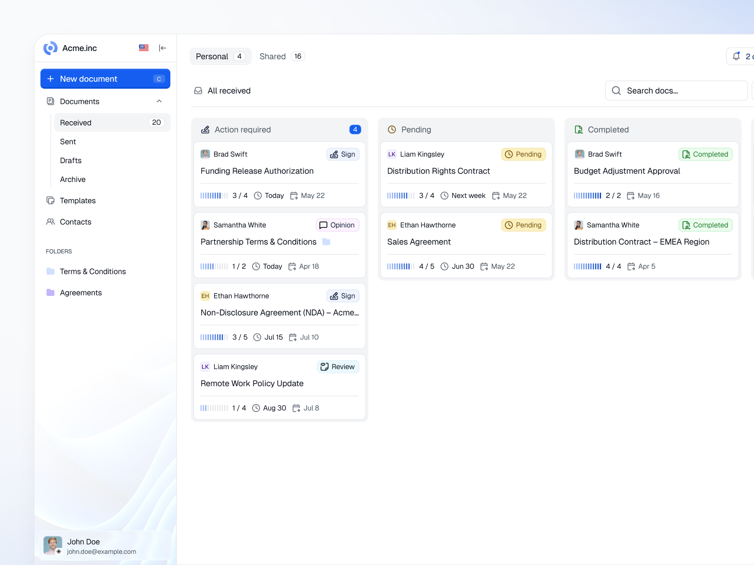 Kanban board [e-sign] board clean documents e sign electronic signature filters kanban list progress saas search status tabs ui ux