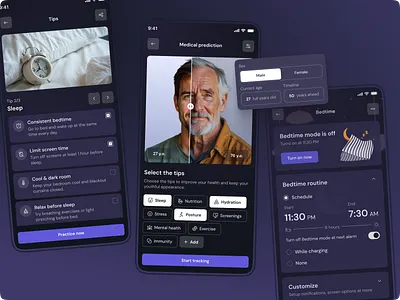 Medical time machine – predict your future self app ui bedtime calmdesign dark mode digital health futurehealth gotoinc healthcare app healthcare tips healthtech hydration immunity medicaltechnology medicine mental health mobile app prediction time machine uiux wellness app