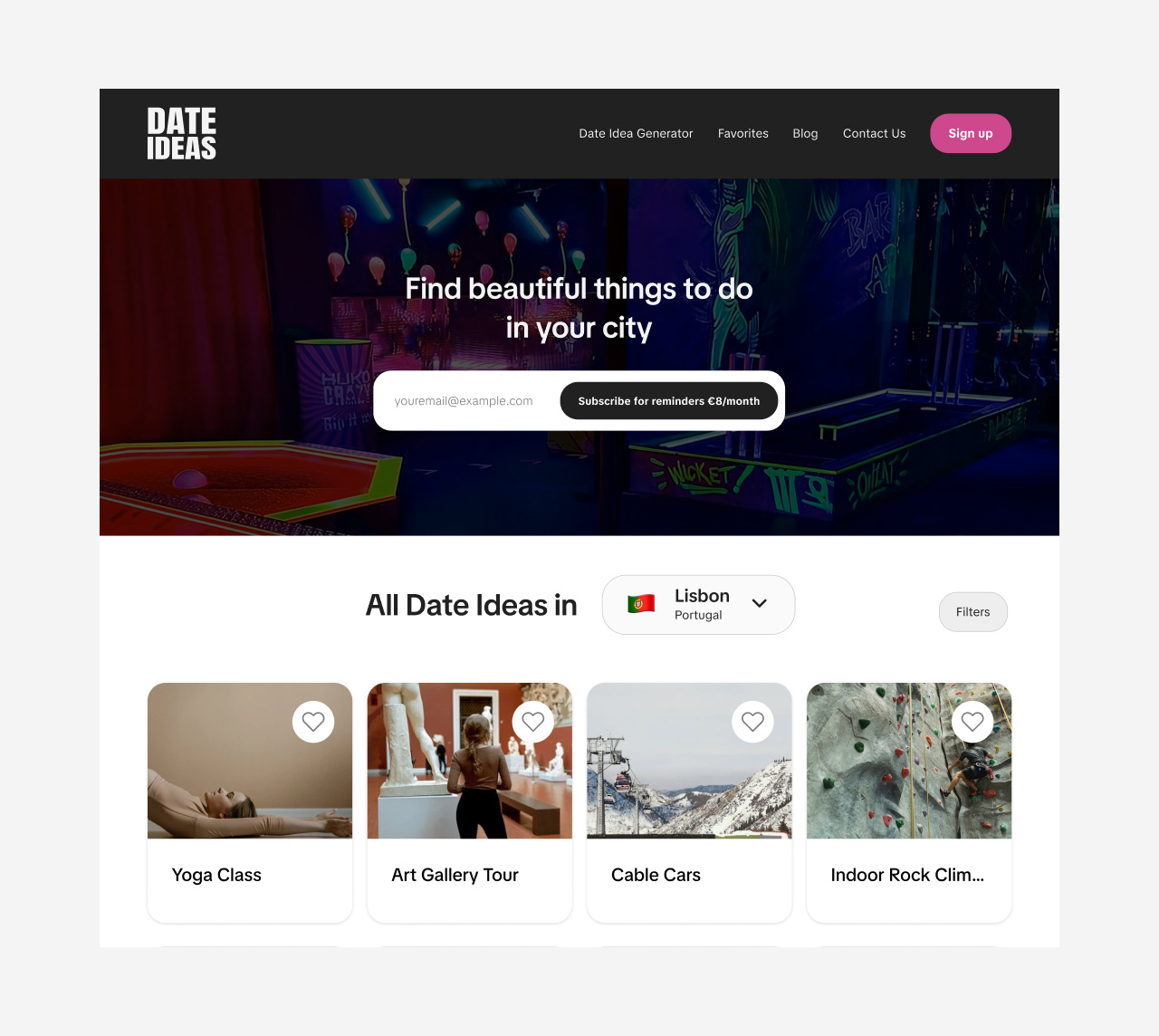 Website for finding Date Ideas clean design dating app hero image hero section homepage landing page saas ui uiux web design webdesign website