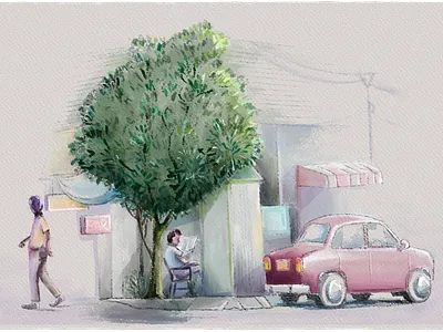 Classic car in a regional town cars city classic car hero illustration illustration painting rebelle regional rural street town urban