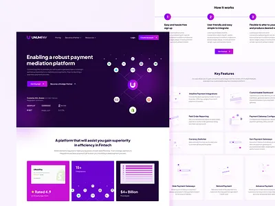 UNUMPAY - A payment mediation platform content section dark mode features fintech hero section illustration landing page payment saas ui ux
