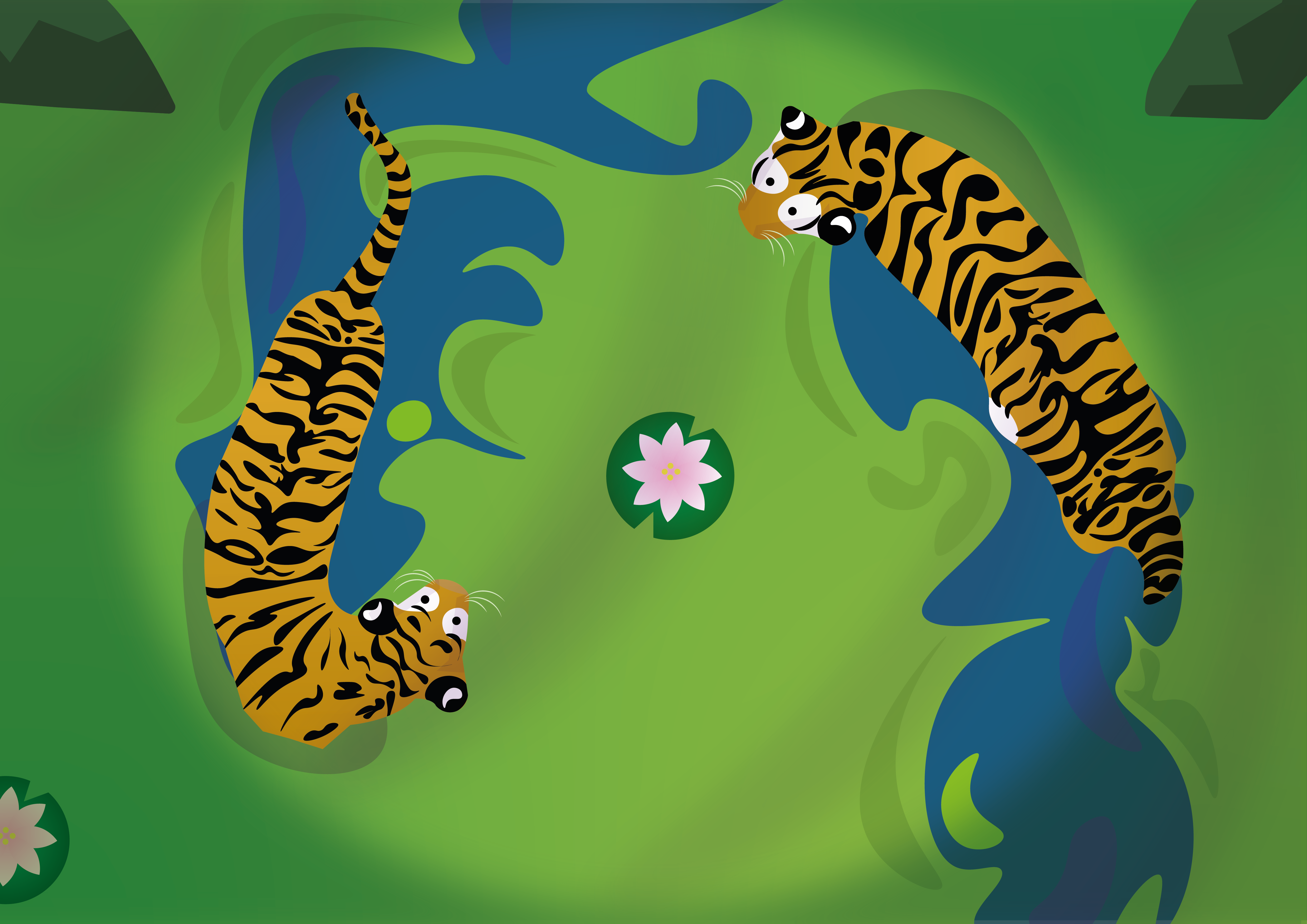 Tigers 2d animal graphic design illustration ilustrator jungle lake oriental salvaje tiger tigers vector wild