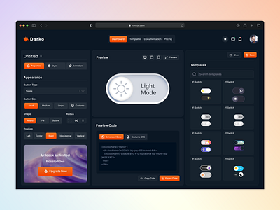 Dark Mode Switch Builder – Custom Toggle Creation Tool darkmode darkmode creation design designtools dribbble minimal productdesign toggle button ui uiux ux webapp webbased tool webdesign wordpress plugin
