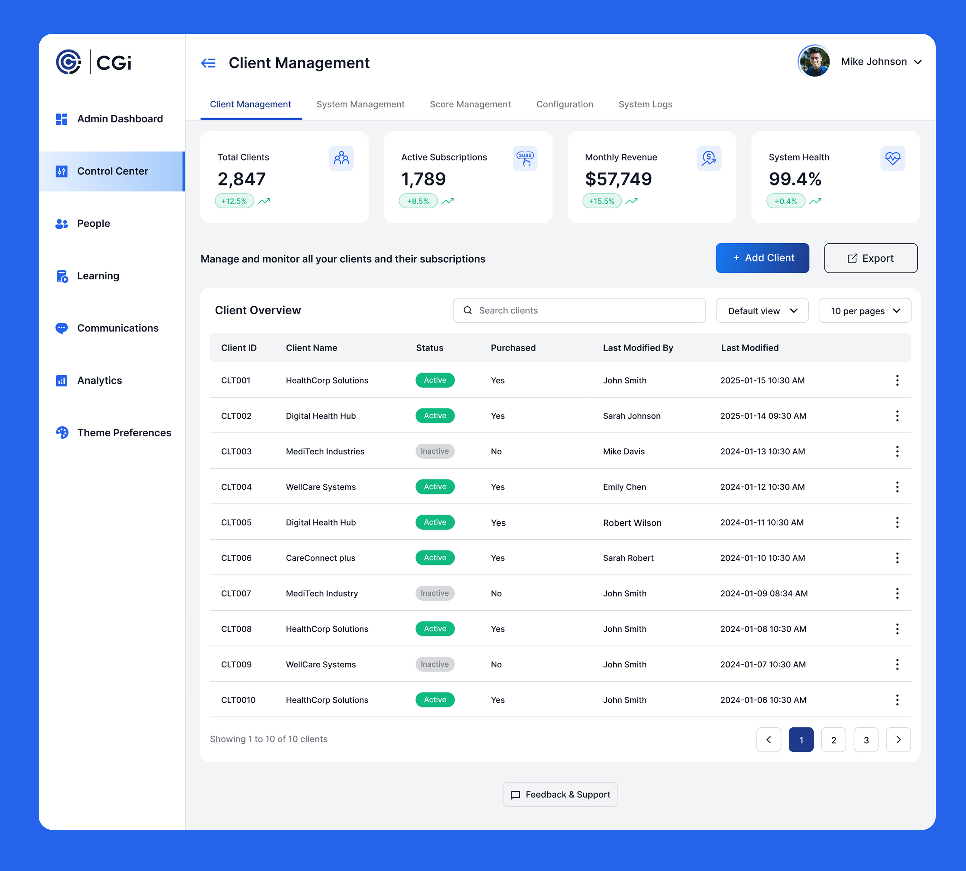 CGI Client Management Design admin clientmanagement dashboard ui
