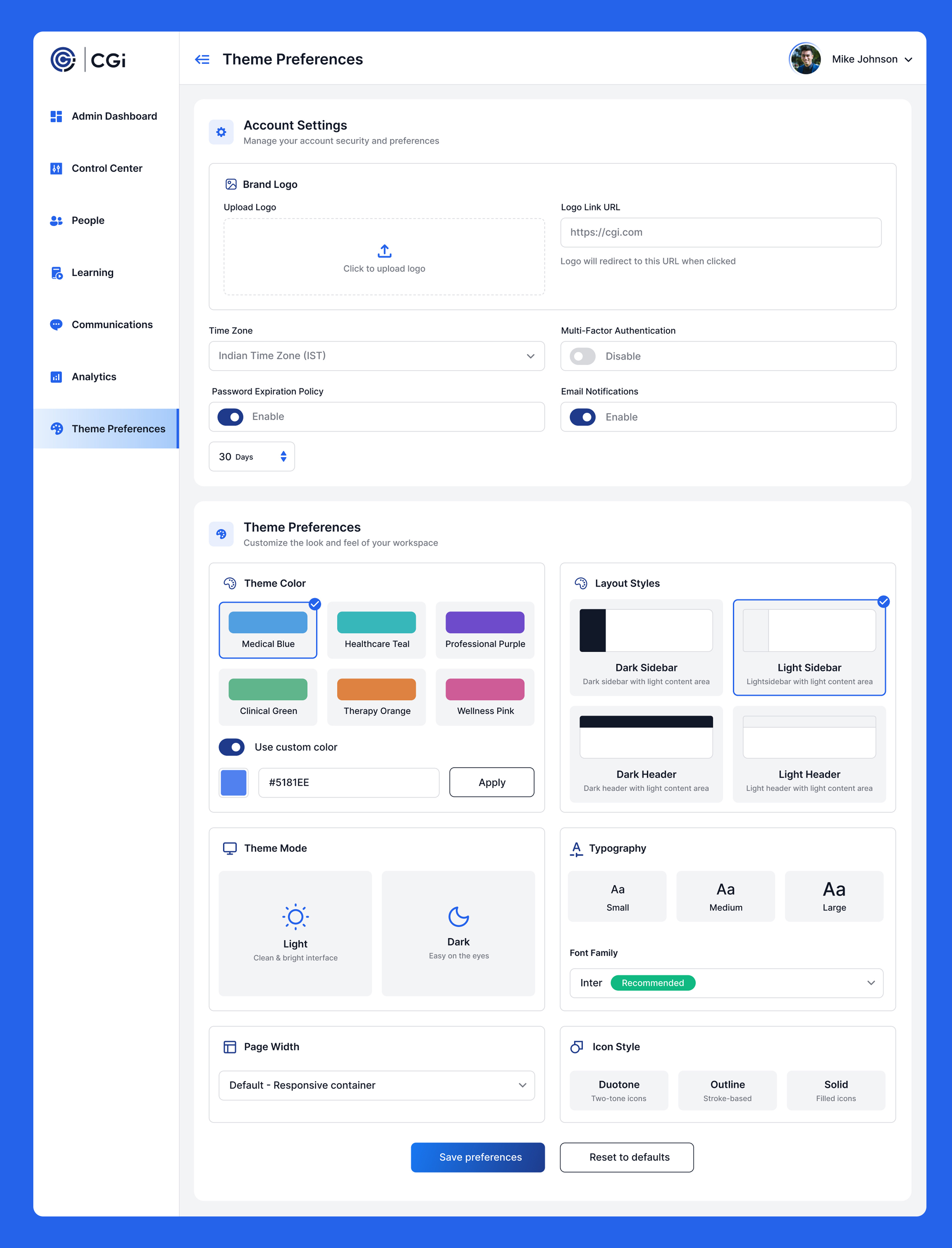 CGI Theme preferences UI design admin dashboard theme ui