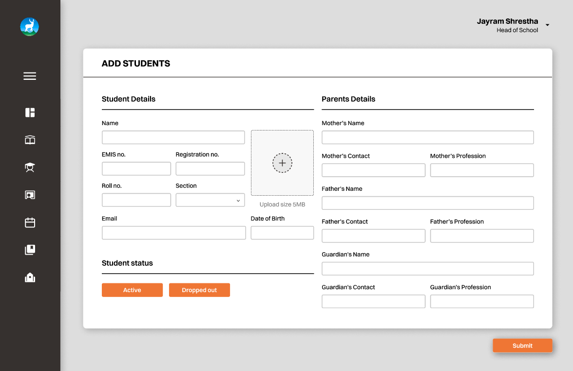 School Report Management System dashboard form login orange school table ui